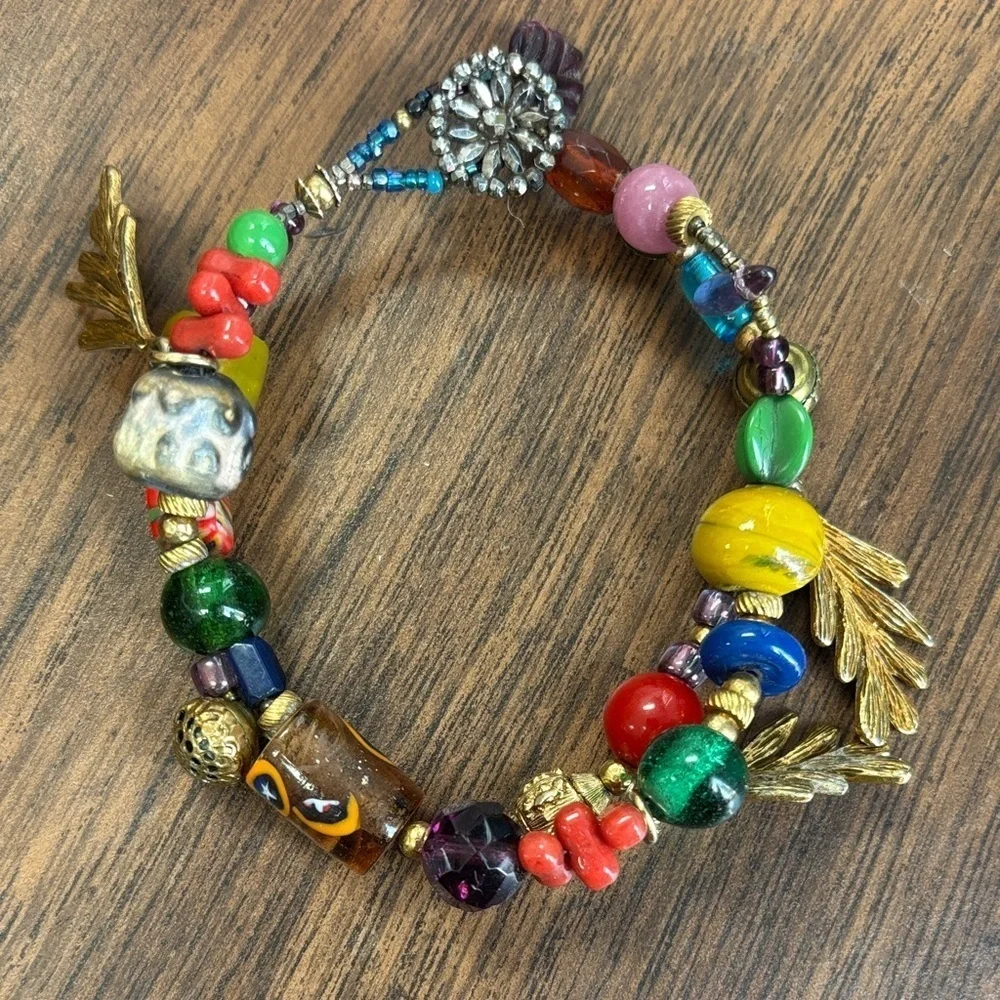 Handmade Glass Murano Colorful Beaded Bracelet with Gold Leaf Charm Accents